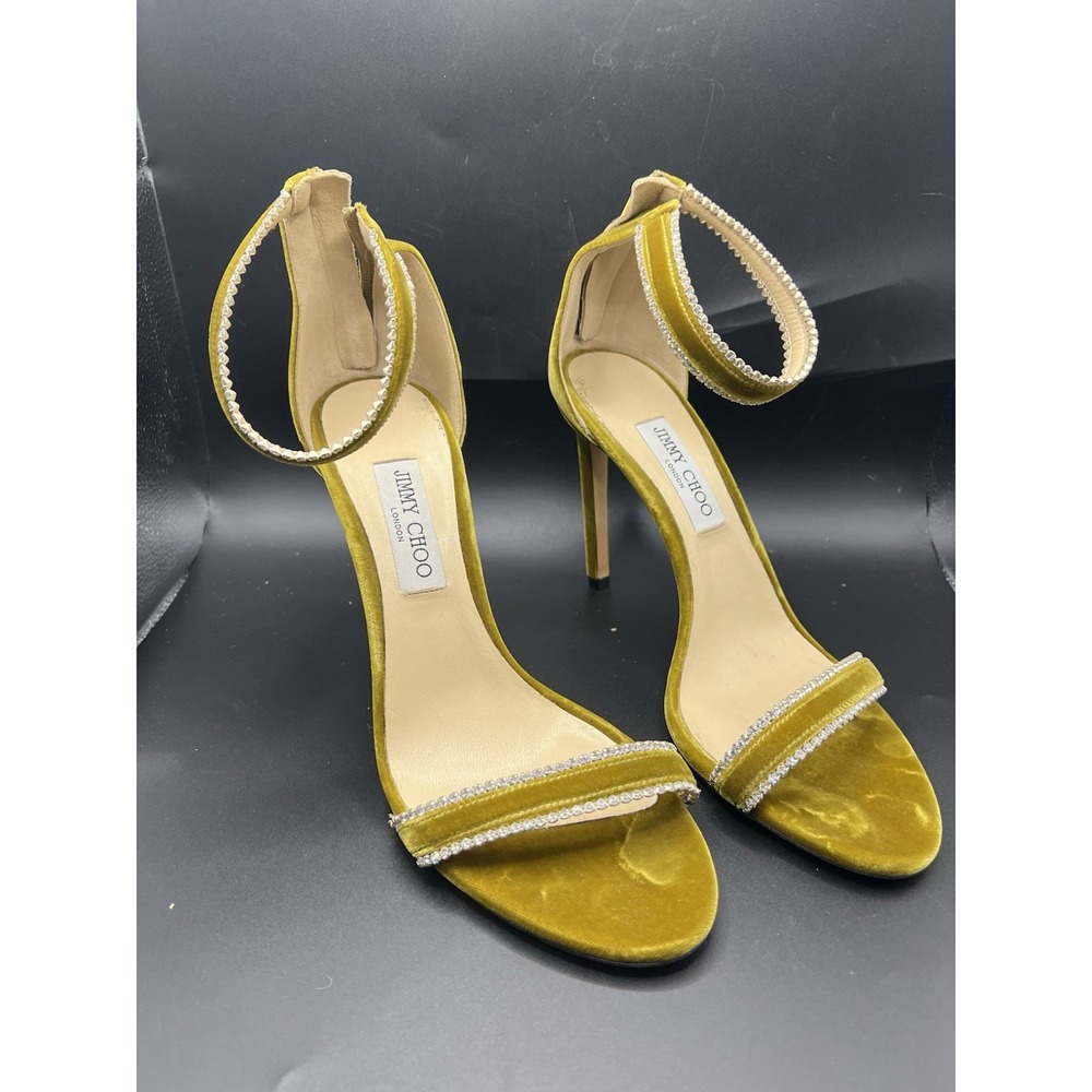 Jimmy Choo Saeda 85 Citrine Mustard Yellow Velvet Crystal Sandals EU 37.5
